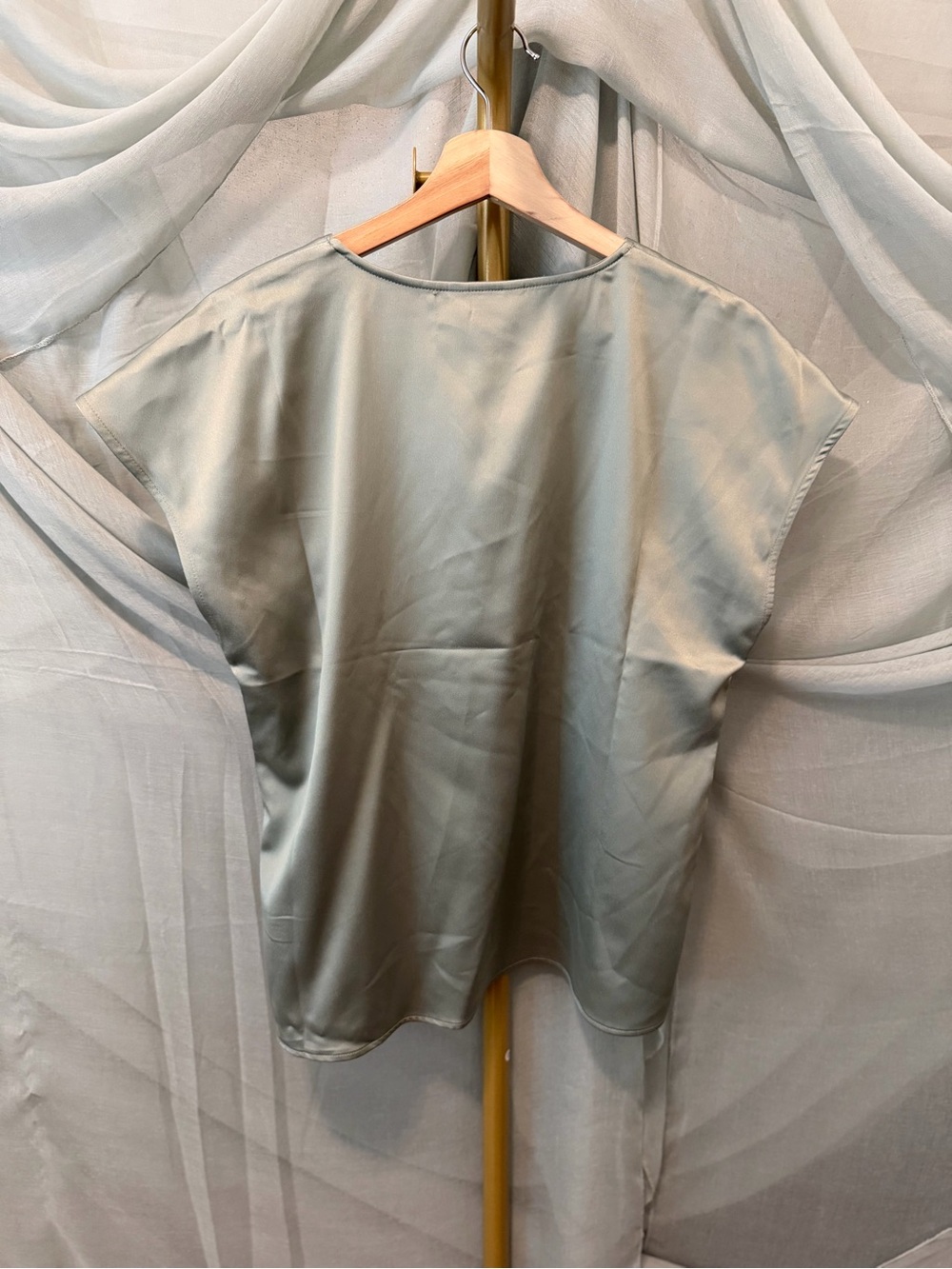 Calvin Klein Satin Split-Neck Short Sleeve Top in Sage - Picture 3 of 5